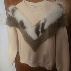 SHEIN Cream and Brown Faux Fur Accent Sweater Set
